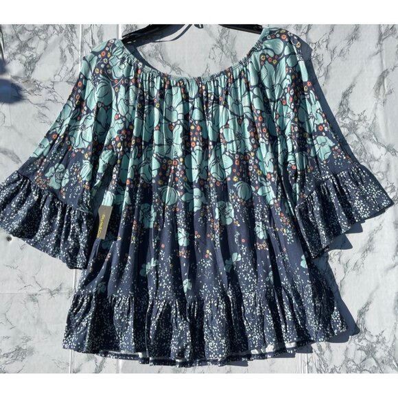 Style & Co Womens Medium Boho Floral Bell Sleeve Blue/Teal Rayon Top - Picture 2 of 9